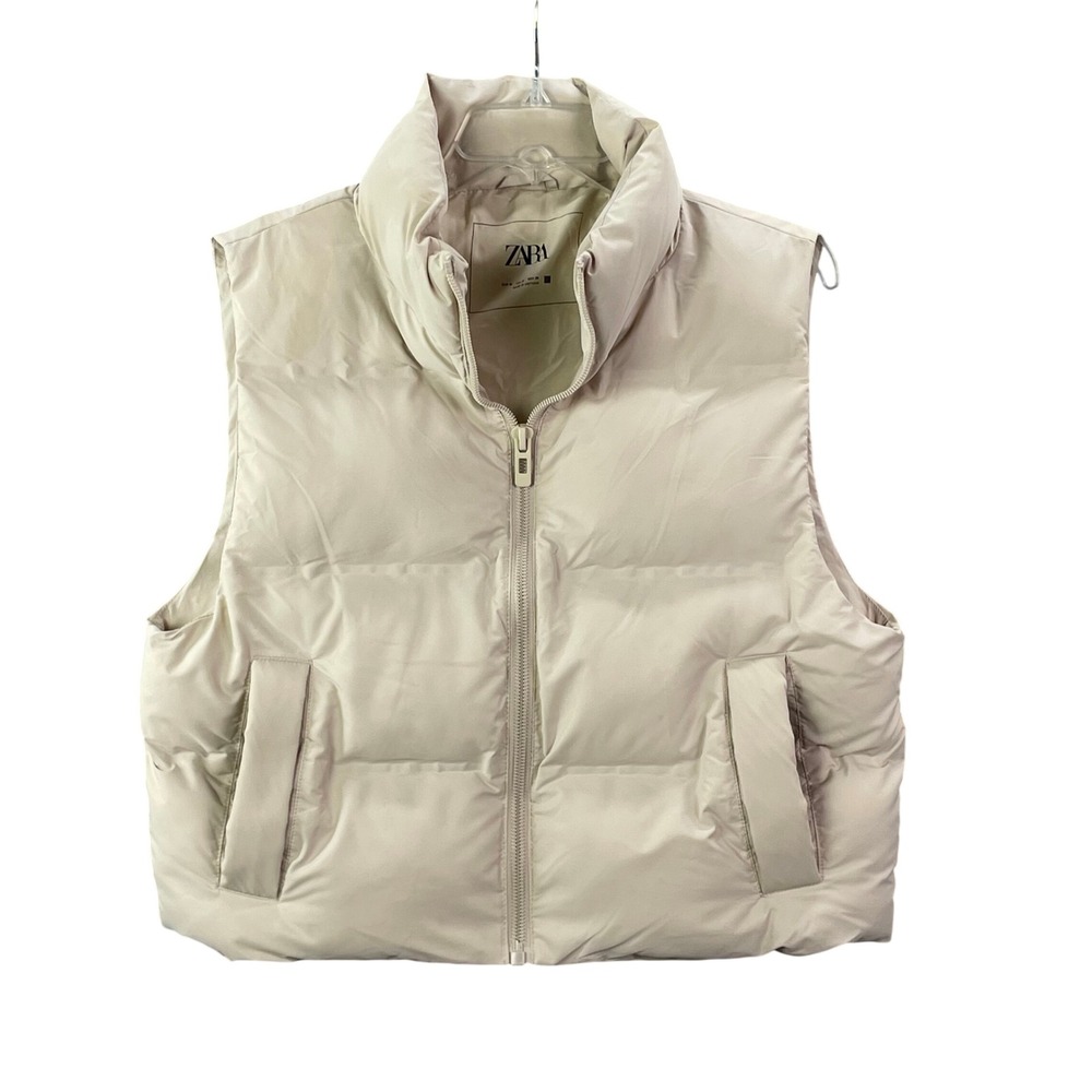 Zara Puffer Vest Womens Medium Beige Cream Quilted Zip Up High Neck Gilet Preppy